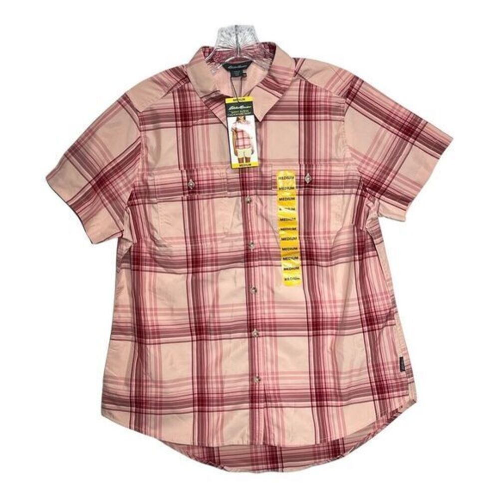Eddie Bauer NWT Womens Size M‎ Short Sleeve Adventure Top Pink Plaid Button Down